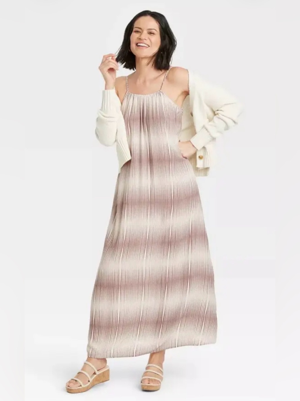 Pleated Ombre Maxi Slip Dress in Taupe and Cream